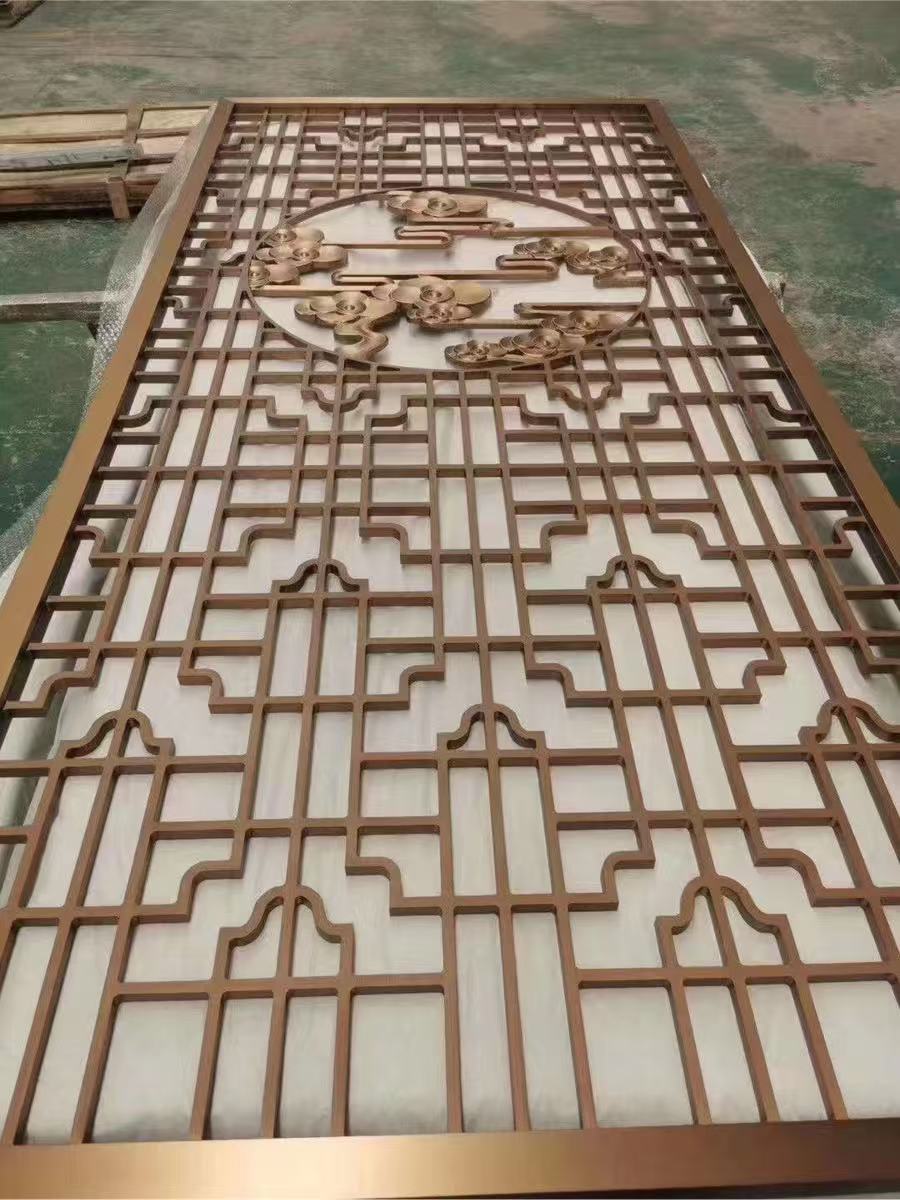 新中式不銹鋼花格屏風客廳玄關隔斷古銅色鏤空幾何格子圓形祥雲藝術裝飾屏風