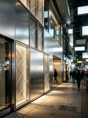 不銹鋼拉絲本色大面外牆飾面板連斜紋編織交叉金屬格柵商舖門面工程定造