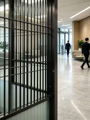 不銹鋼啞黑色交叉錯落幾何線條豎向方管格柵屏風連辦公室通道隔斷工程定造