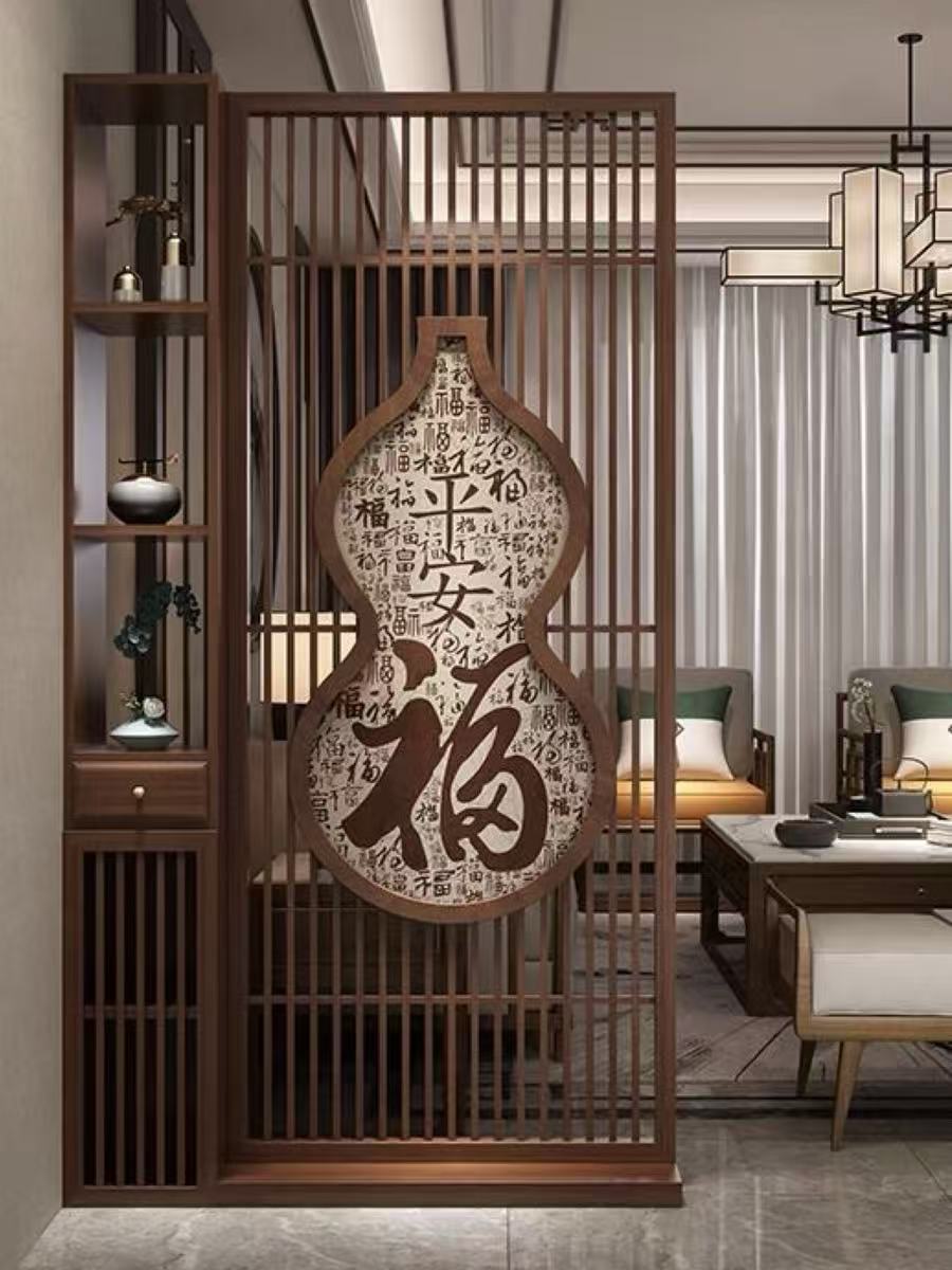 新中式金屬仿木紋屏風客廳玄關隔斷櫃不銹鋼格柵鏤空葫蘆平安福字裝飾屏風