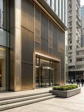 不銹鋼拉絲古銅色大面外牆豎向格柵連玻璃旋轉門大廈商場入口幕牆工程定造