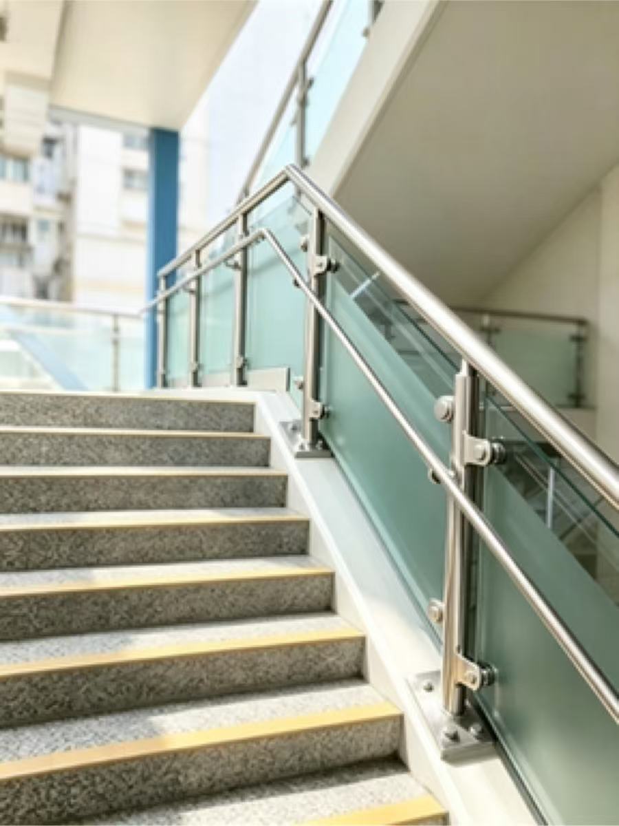 BSEN316不鏽鋼拉絲立柱側掛雙層圓扶手磨砂玻璃欄河 戶外公共大廈通道政府項目學校行人天橋工程定造