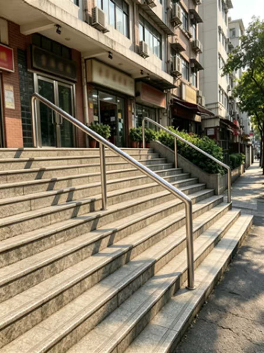 圓立柱單層圓扶手靠手欄河 戶外臨街商鋪大廈入口大眾公共石材樓梯工程定造