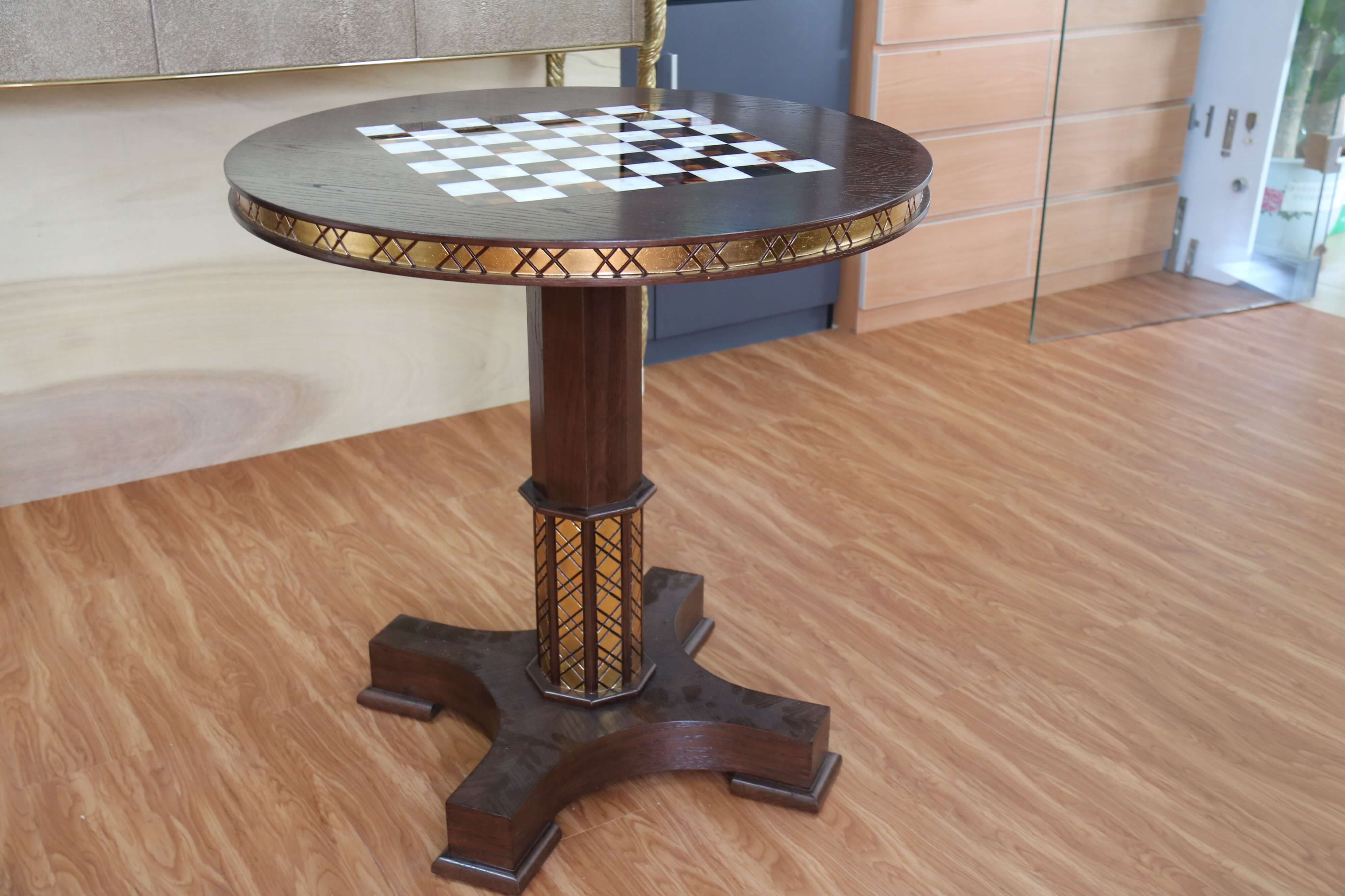 酒店會所實木訂造圓桌  國際象棋棋盤拼花木傢俬系列